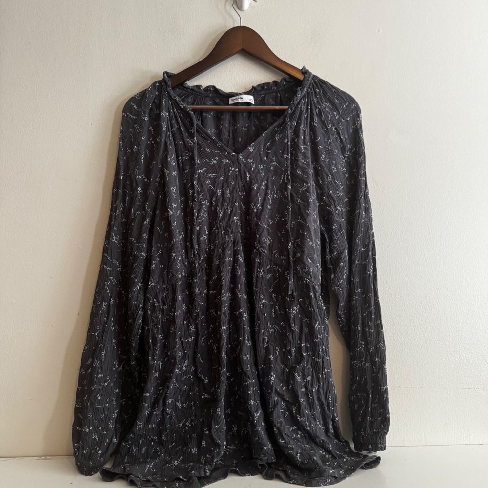 Sonoma Women's Sz L Maternity Grey Floral Blouse Cottagecore Peasant Fall Boho